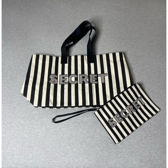 Victoria’s Secret Graphic Stripe Tote Bag & Wristlet Pouch Set - Picture 9 of 10